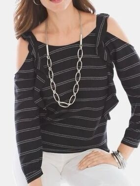 BNWT Chico's Black & White Stripe Cold Shoulder Blouse W/ Ruffle Detail